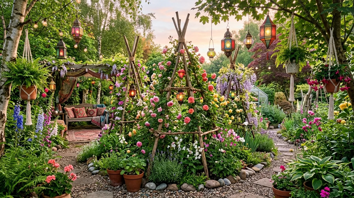 Bohemian Garden With Teepee Plant Supports